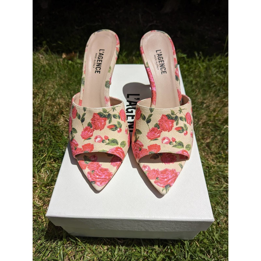 NWT Rare L'Agence Lolita Open Toe Sandal Heels- Pink Rose Floral Suede 38 (7.5)